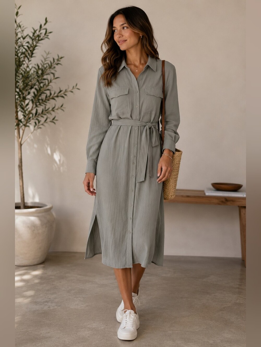 Mango Long Sleeve Gray Shirt Dress